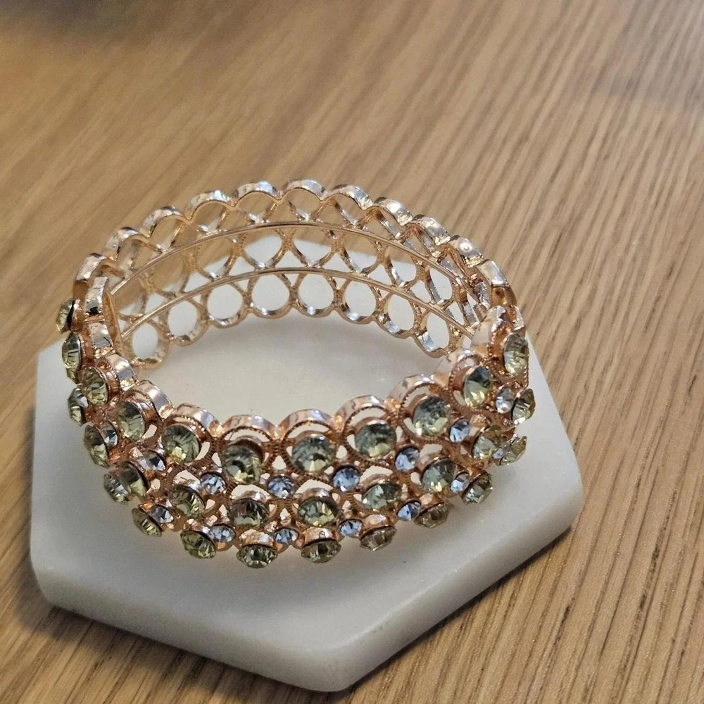 Gold Tone Filigree Yellow White Rhinestone Hinged Cuff Bracelet Crystal Glam